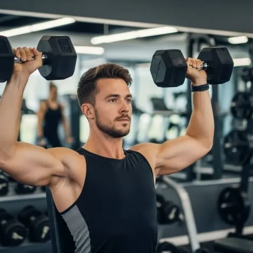 Fotografia de um atleta em uma academia levantando halteres no exercício de desenvolvimento, com foco nos ombros e técnica correta, em um ambiente bem iluminado.
