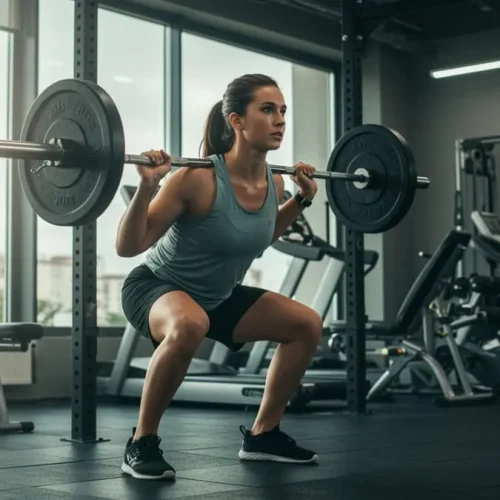 Fotografia de uma pessoa determinada realizando um agachamento com barra em uma academia moderna, com luz natural entrando pelas janelas, destacando esforço e foco.
