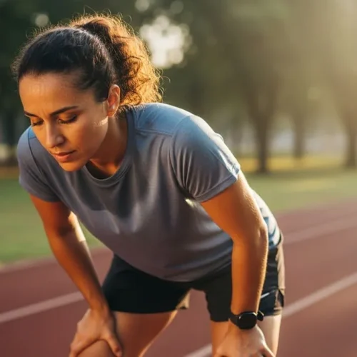 Pessoa recuperando o fôlego com as mãos nos joelhos durante treino ao ar livre.