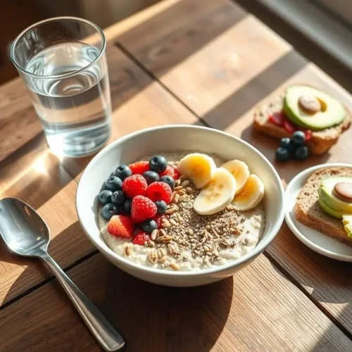 Café da manhã rico em fibras, colorido e nutritivo.