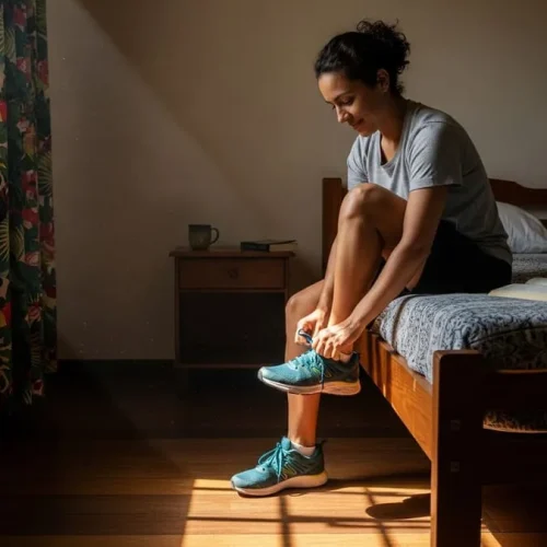 Pessoa se preparando com alegria para mais um dia de treino.