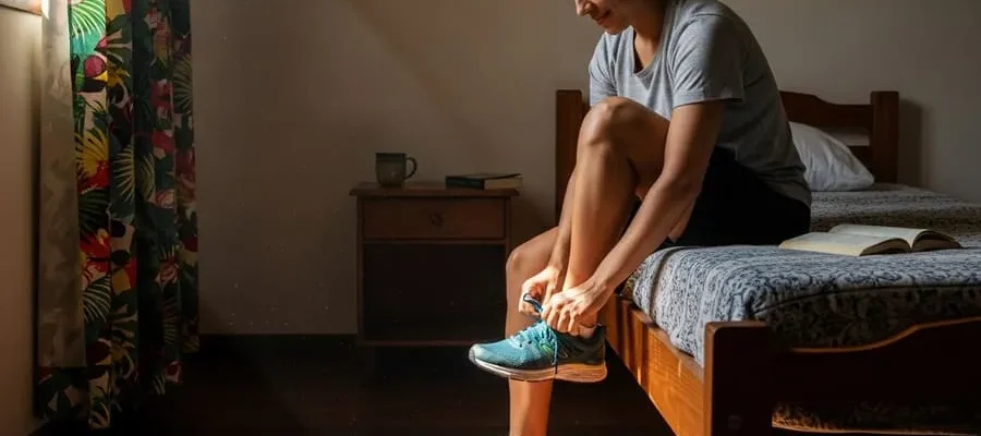 Pessoa se preparando com alegria para mais um dia de treino.