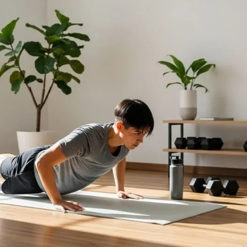 Pessoa treinando em casa fazendo flexão de braço em tapete de yoga, mostrando como a sala pode ser usada como academia.