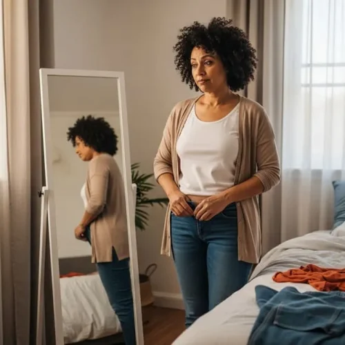 Fotografia realista de alguém em quarto acolhedor, lutando para abotoar jeans apertados no espelho, com luz matinal suave.