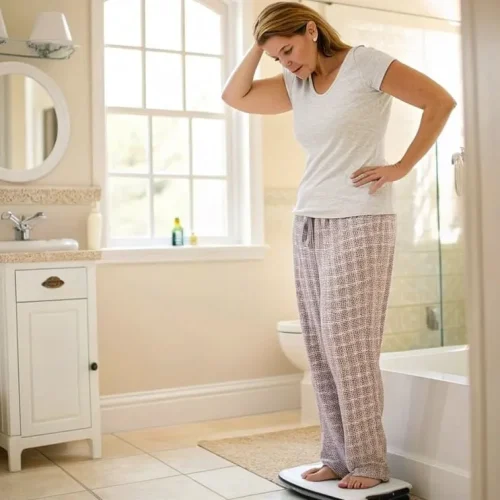 Mulher confusa olhando para balança mostrando ganho de peso inexplicado em banheiro moderno