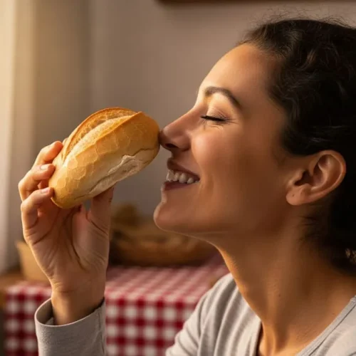 Mulher feliz segurando pão fresco, mostrando que glúten não é sempre o vilão.
