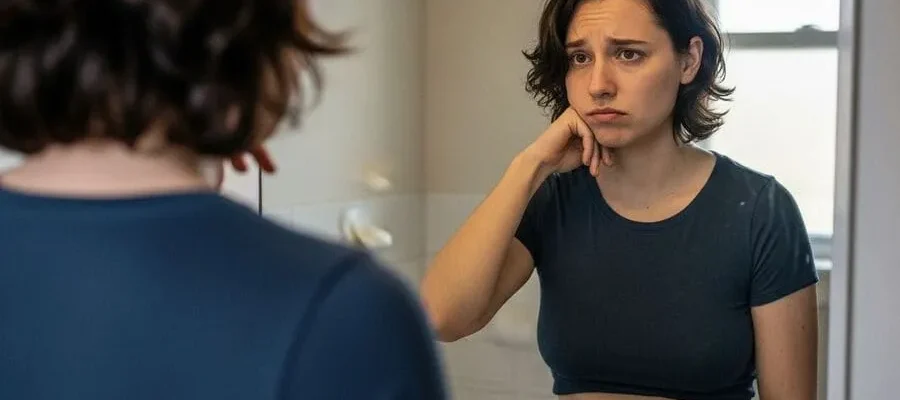Foto close-up de uma pessoa em frente ao espelho, observando o próprio corpo com expressão pensativa, representando a reflexão sobre gordura localizada.