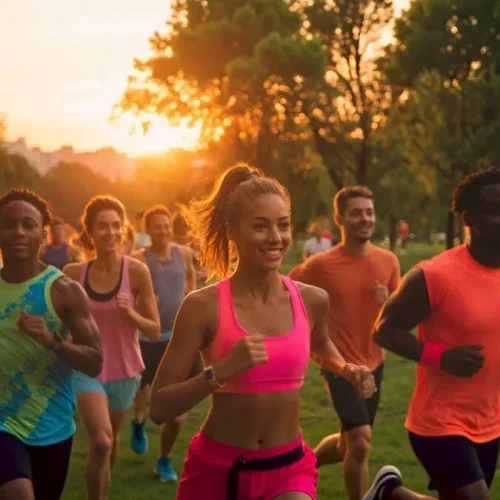 Fotografia de um grupo diversificado de corredores em um parque ao amanhecer, sorrindo e interagindo, com roupas de corrida e céu alaranjado ao fundo.