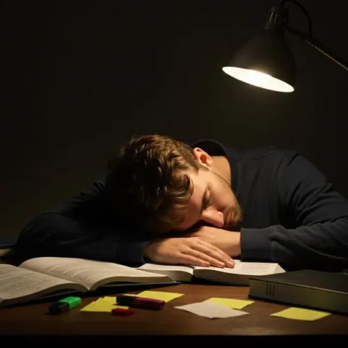 Estudante dormindo sobre a mesa de estudo, com livros abertos, post-its coloridos e uma luminária acesa ao fundo