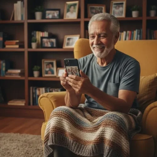 Idoso conectado usando smartphone em casa com expressão feliz.