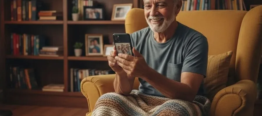 Idoso conectado usando smartphone em casa com expressão feliz.