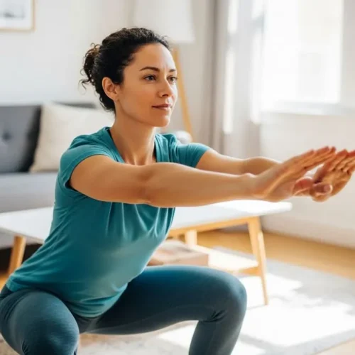 Fotografia de uma pessoa fazendo alongamento simples em uma sala de estar iluminada, destacando a praticidade das microdoses de exercícios.