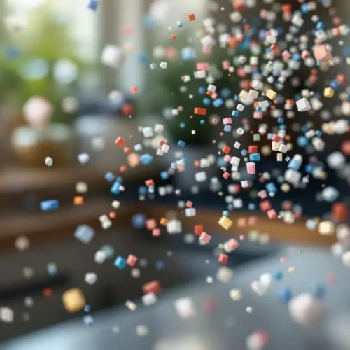 Foto close-up de partículas minúsculas de plástico flutuando no ar, iluminadas pela luz do sol, representando a contaminação ambiental cotidiana.