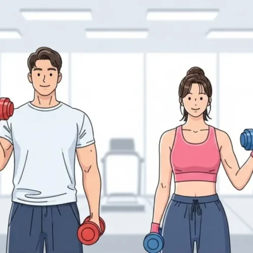 Homem e mulher iniciantes na academia levantando halteres leves em um ambiente moderno e iluminado.