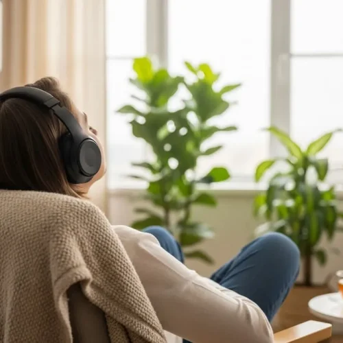Pessoa de costas usando fones de ouvido em uma sala iluminada por luz natural suave, sentada em poltrona confortável com planta e xícara ao fundo.