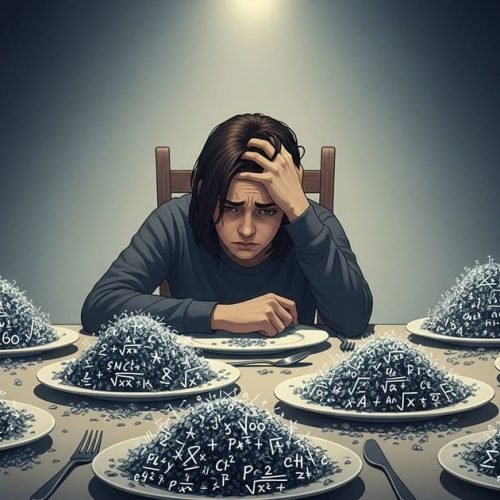 Pessoa ansiosa em uma mesa com pratos cheios de fórmulas matemáticas no lugar de comida.