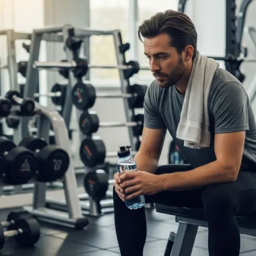 Fotografia realista de uma pessoa sentada em um banco de academia, segurando uma garrafa de água e com uma toalha no ombro, com equipamentos ao fundo, sob iluminação suave