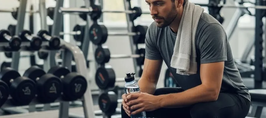 Fotografia realista de uma pessoa sentada em um banco de academia, segurando uma garrafa de água e com uma toalha no ombro, com equipamentos ao fundo, sob iluminação suave