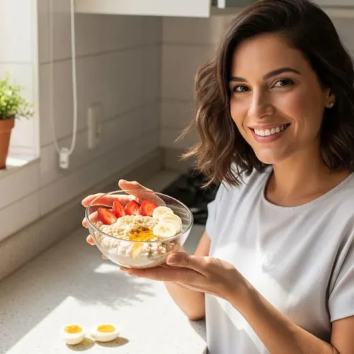 Mulher sorrindo na cozinha com tigela de aveia e frutas, pronta para um café da manhã que ajuda na perda de peso