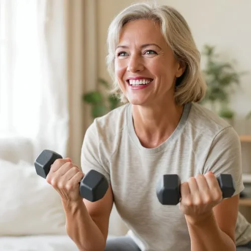 Pessoa de meia-idade sorrindo enquanto faz exercícios de fortalecimento muscular em casa, demonstrando como perder peso após os 40 anos