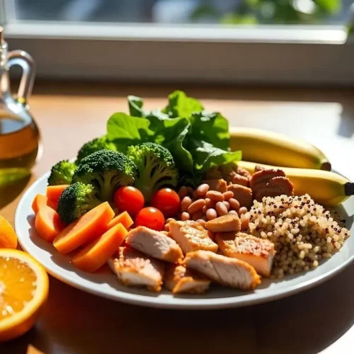 Fotografia realista de uma refeição brasileira balanceada em mesa de madeira, com metade de vegetais frescos, proteínas e grãos integrais, frutas ao lado.