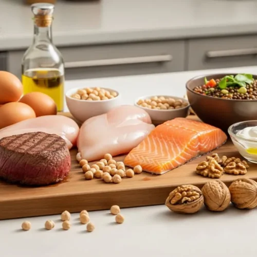 Fotografia realista de uma bancada com filé-mignon, frango, ovos, salmão, grão-de-bico, iogurte grego, nozes e salada com lentilhas, sob iluminação clara e natural.