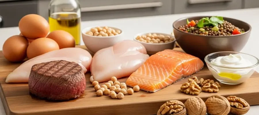 Fotografia realista de uma bancada com filé-mignon, frango, ovos, salmão, grão-de-bico, iogurte grego, nozes e salada com lentilhas, sob iluminação clara e natural.