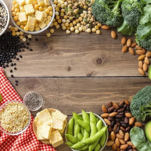 Mesa de madeira com lentilhas, feijões, grão-de-bico, tofu, quinoa, sementes e vegetais ricos em proteína.