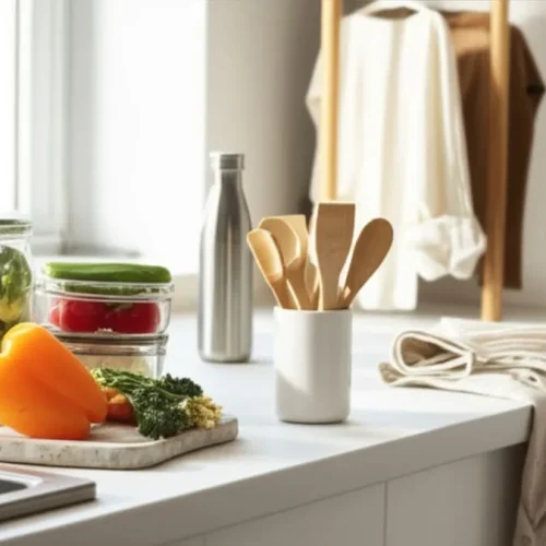 Cozinha moderna com utensílios sustentáveis incluindo garrafa de aço inox, recipientes de vidro, talheres de bambu e roupas de fibras naturais