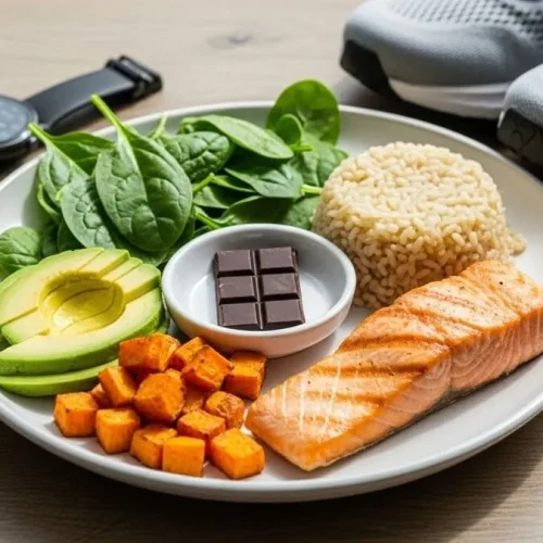 Prato colorido com salmão, arroz integral, abacate, batata-doce e vegetais ao lado de tênis de corrida.