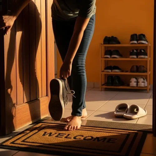 Pessoa tirando o tênis na entrada de casa brasileira, com capacho e sapateira ao fundo.