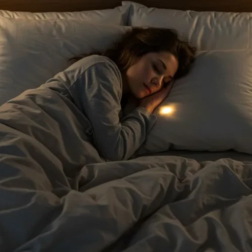 Mulher dormindo tranquilamente em um quarto aconchegante, representando a importância do sono feminino.