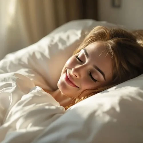 Mulher descansando serenamente na cama com luz suave do sol entrando pela janela. 