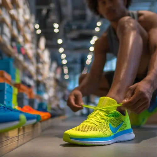 Fotografia de um corredor experimentando tênis de corrida em uma loja esportiva, com caixas de tênis coloridos ao fundo, em um ambiente bem iluminado.