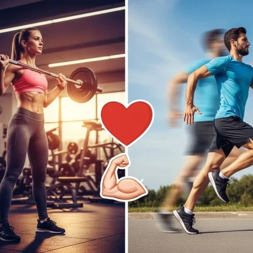 Montagem mostrando uma mulher levantando barra na academia e um homem correndo ao ar livre, com ícones de coração e músculo ao centro.