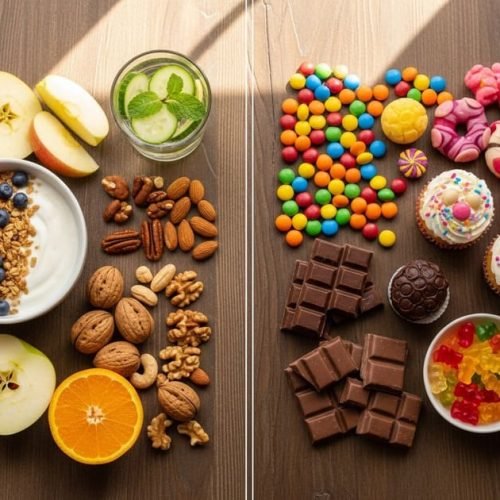 Equilibrar escolhas: entre o açúcar e as opções saudáveis.